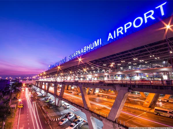 Front of Suvarnabhumi Airport in Bangkok after sunset