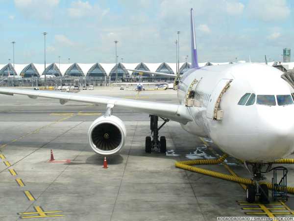Front of a jet and engine at Suvarnabhumi Airport
