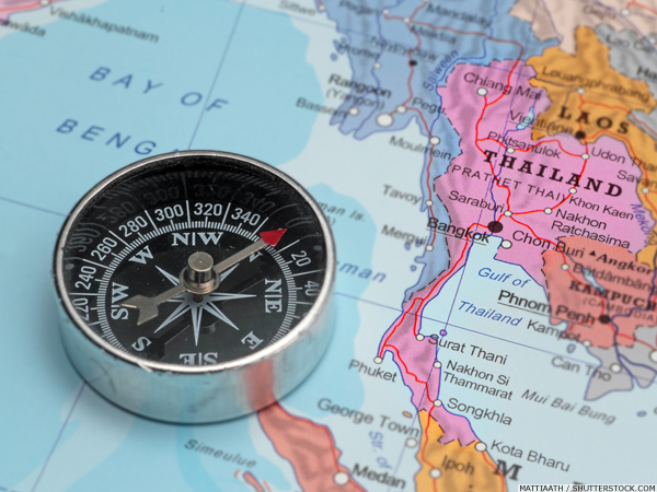 Compass on a map of Thailand and surrounding countries