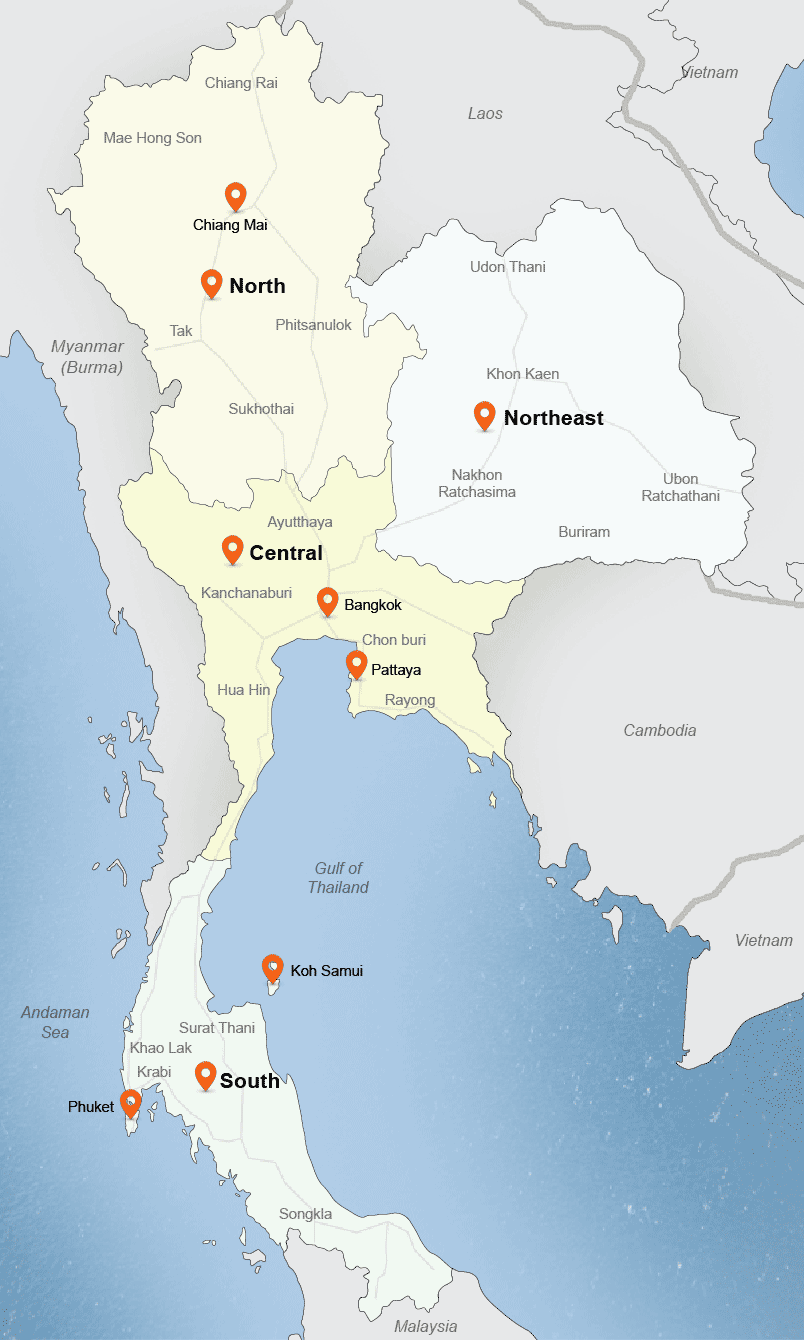 Detailed map of Thailand showing main destinations and regions